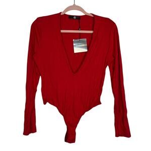 NWT Missguided Red Deep V Neck Long Sleeve Soft Stretchy Snap Body Suit Size 10